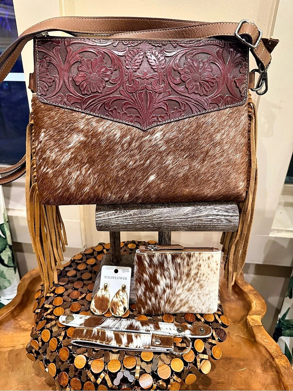 MDD GEM-DANDY Genuine Leather Hair-On Cognac Cowhide Fringe Crossbody Bag Set